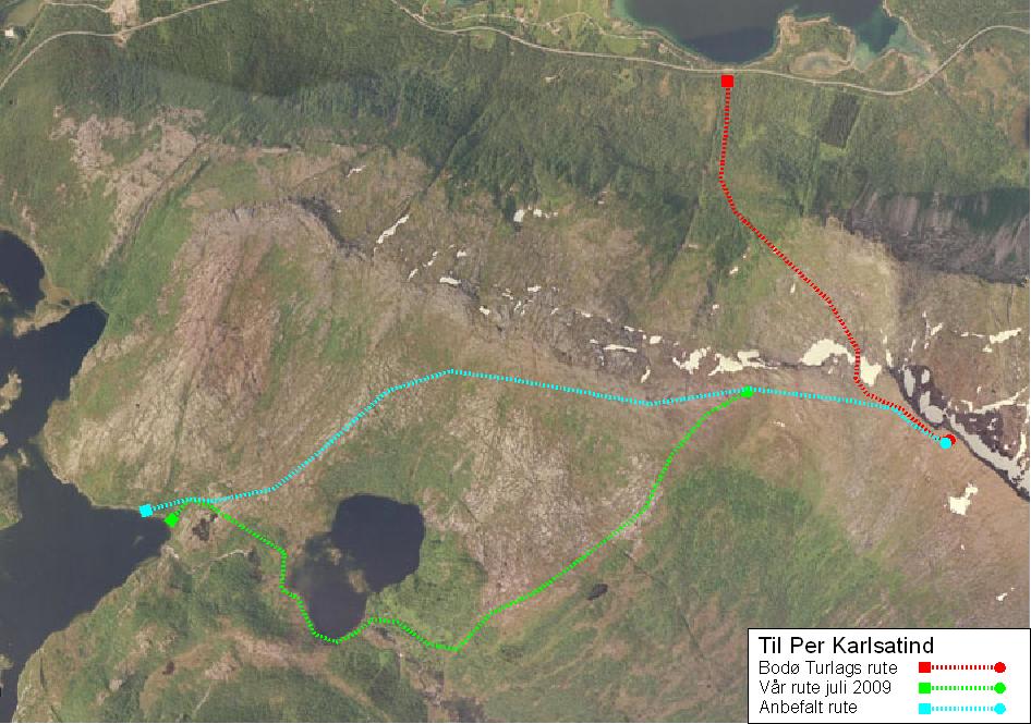 Satellittkart med ruter til Per Karlsatind